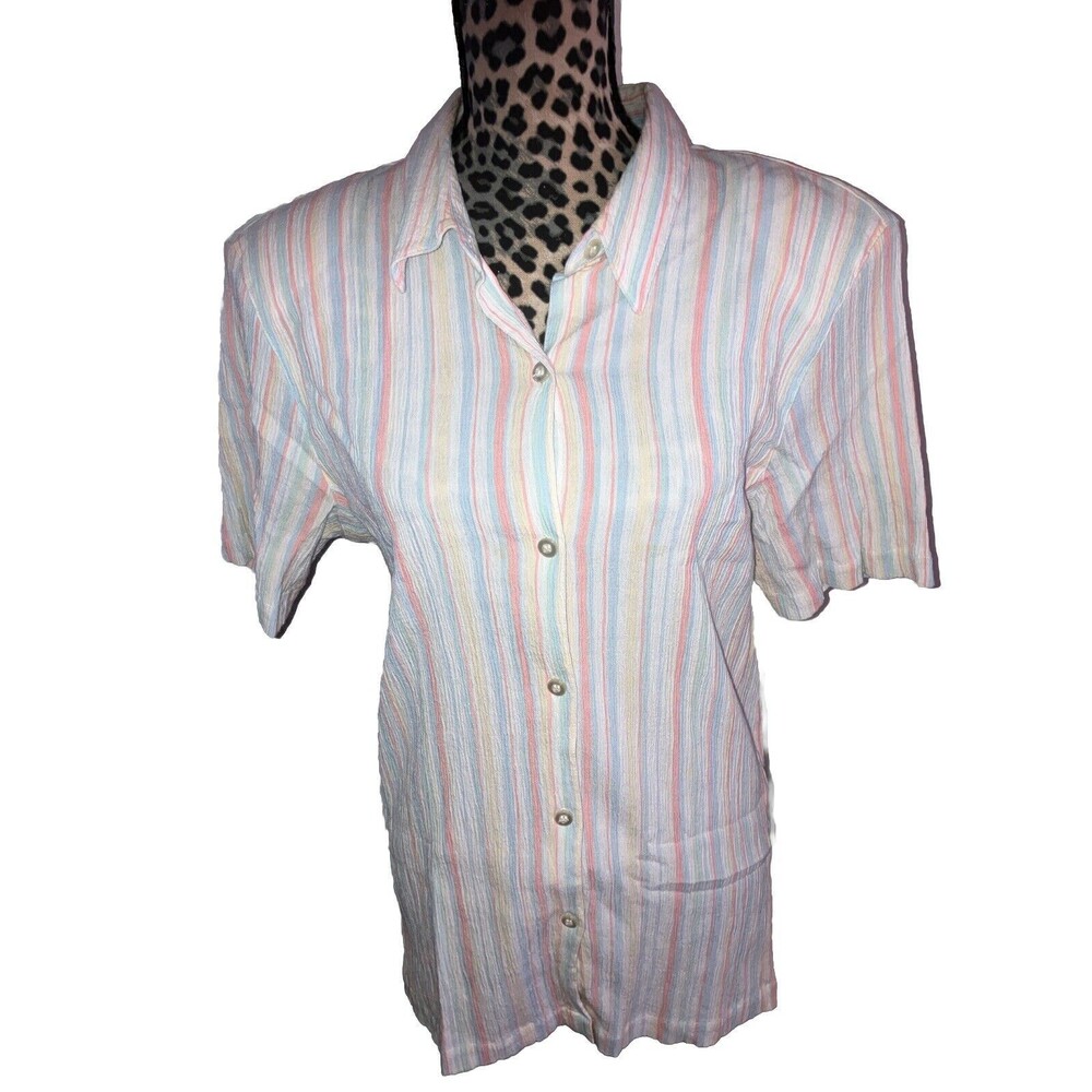alfred dunner Top Blouse L 18 Stripes Multicolored Button Up Collared Artsy